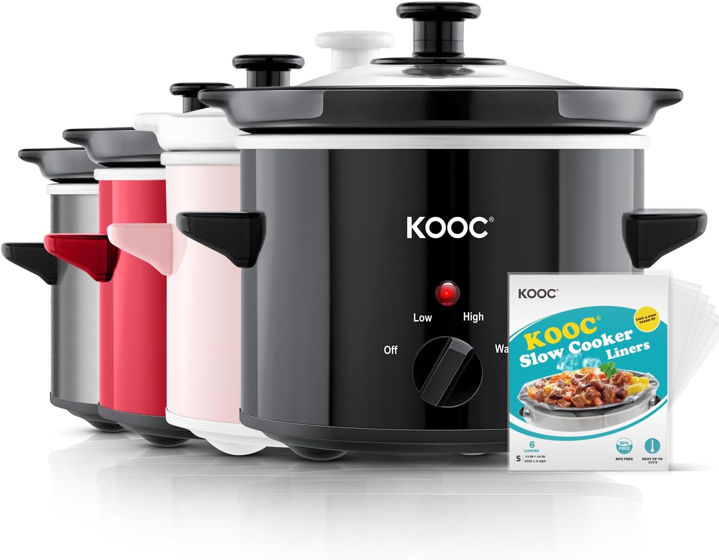 KOOC Small Slow Cooker, 2-Quart, Free Liners Included for Easy Clean-up, Upgraded Ceramic pot, Adjustable Temp, Nutrient Loss Reduction