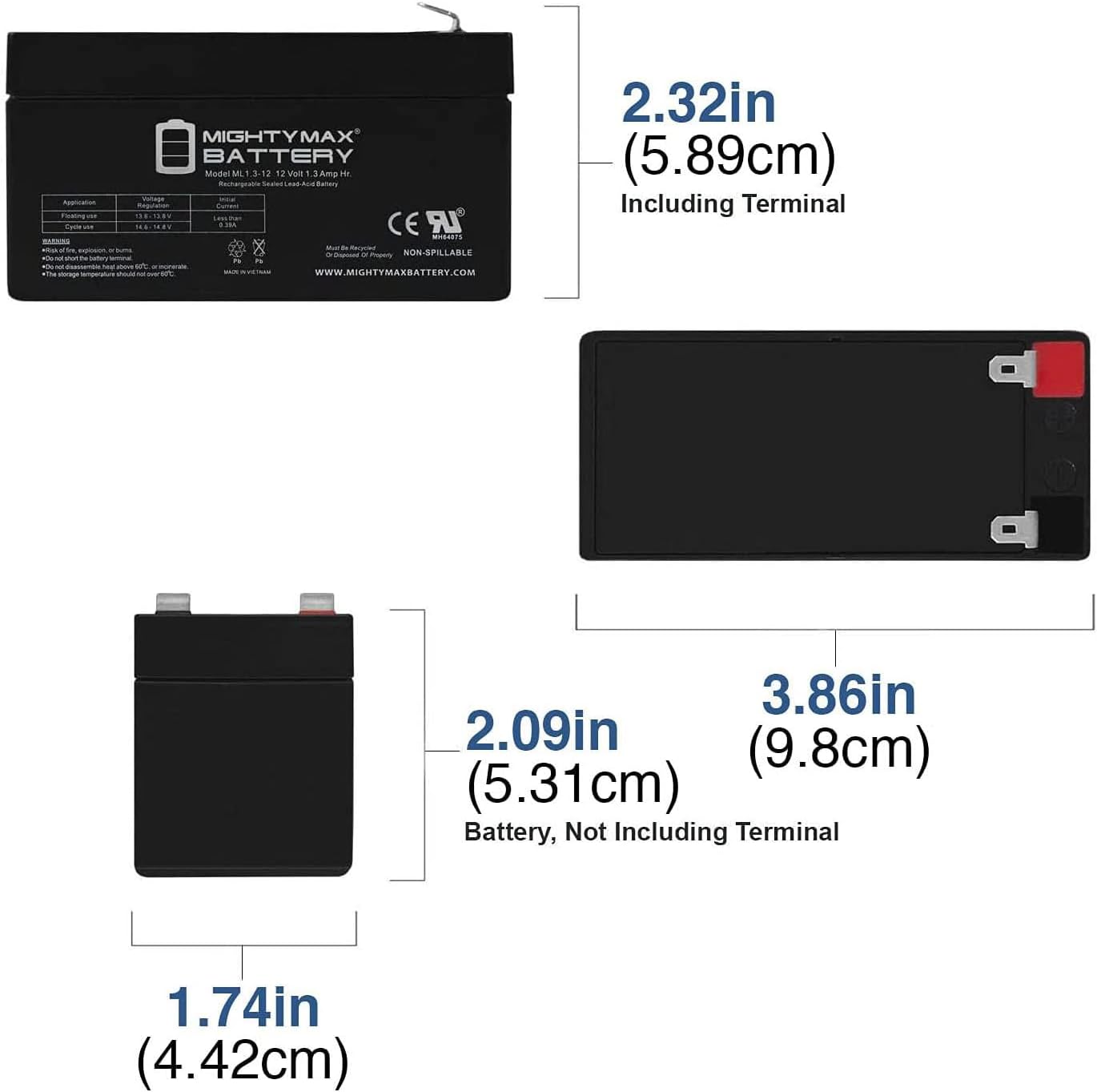 Mighty Max Battery ML1.3-12 - 12 Volt 1.3 AH, F1 Terminal, Rechargeable SLA AGM Battery