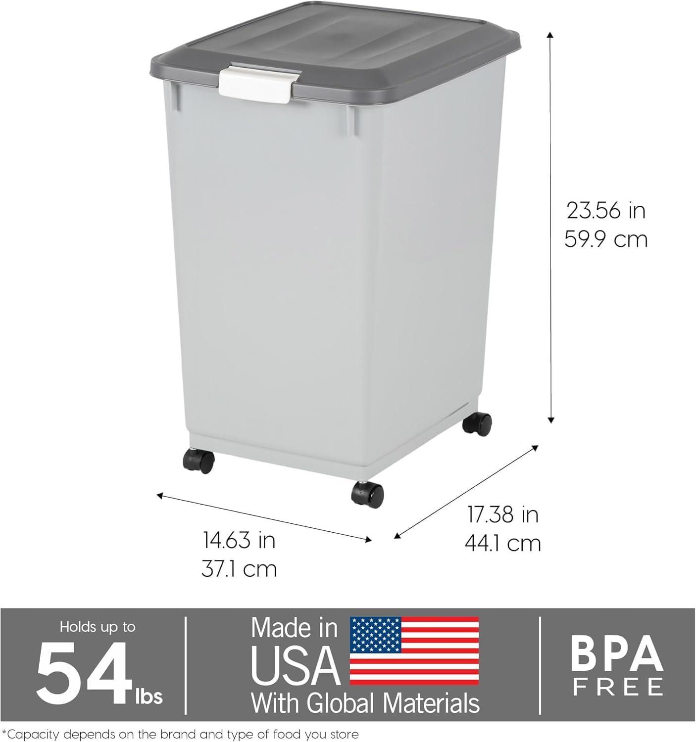 IRIS USA Dog Food Storage Container, Up to 30 lbs, Navy/Pearl, Made in USA | Wheels for Mobility, Airtight Seal, BPA-Free, Best for Bird Seed, Cat food, Cat Litter, Chicken Feed, Pellets