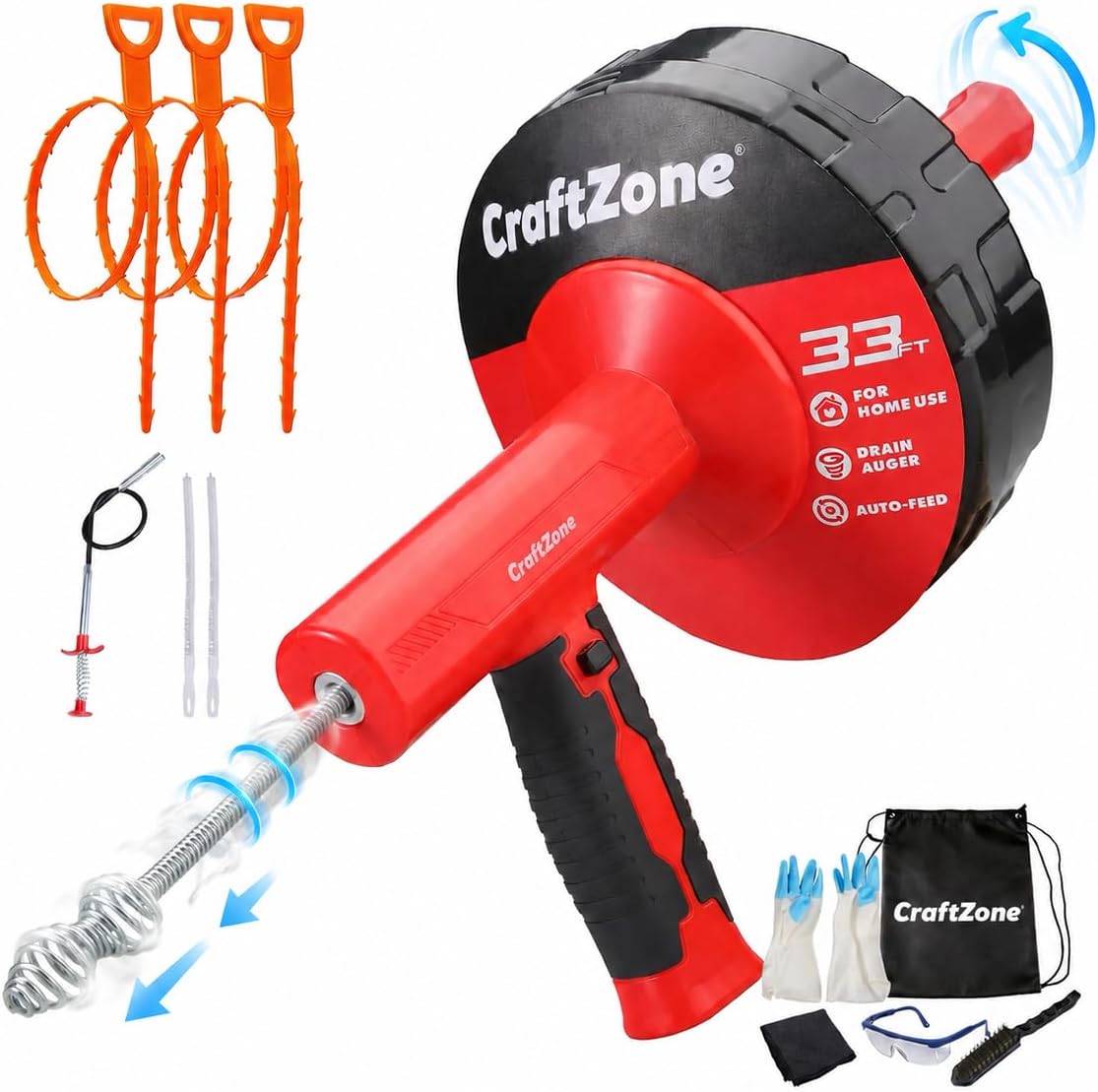 Drain Auger 33 Ft with Easy Cable Rewind System, Plumbing Snake with Drill Adapter, 2026 Upgraded Flexible Spring Steel Drain Cleaner for Kitchen