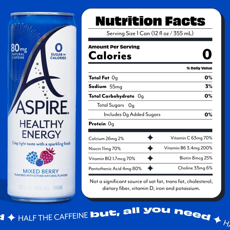 ASPIRE® Raspberry Acai, Healthy Energy Drink 80mg Natural Caffeine, Zero Sugar No Carbs Keto Friendly, 12 Pack Green Tea Sugar Free Drink Low Caffeine Zero Calorie