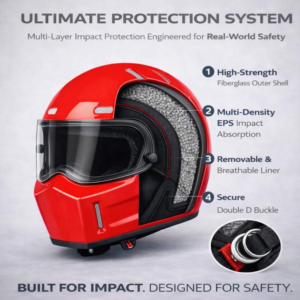 CRG Sports Retro Full Face Motorcycle Helmet, DOT Approved Fiberglass Street Bike Helmet with Clear Visor, Lightweight Cafe Racer Cruiser Motorcycle Helmet