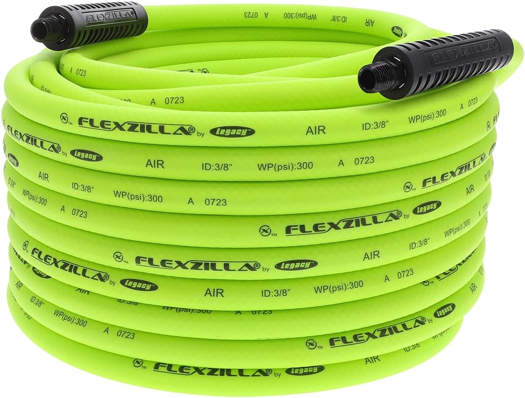 Flexzilla Air Compressor Hose, 3/8 in. x 50 ft., 1/4 in. MNPT Fittings, No-Kink, All Weather, Lightweight, Premium Hybrid Polymer, 300 PSI, ZillaGreen