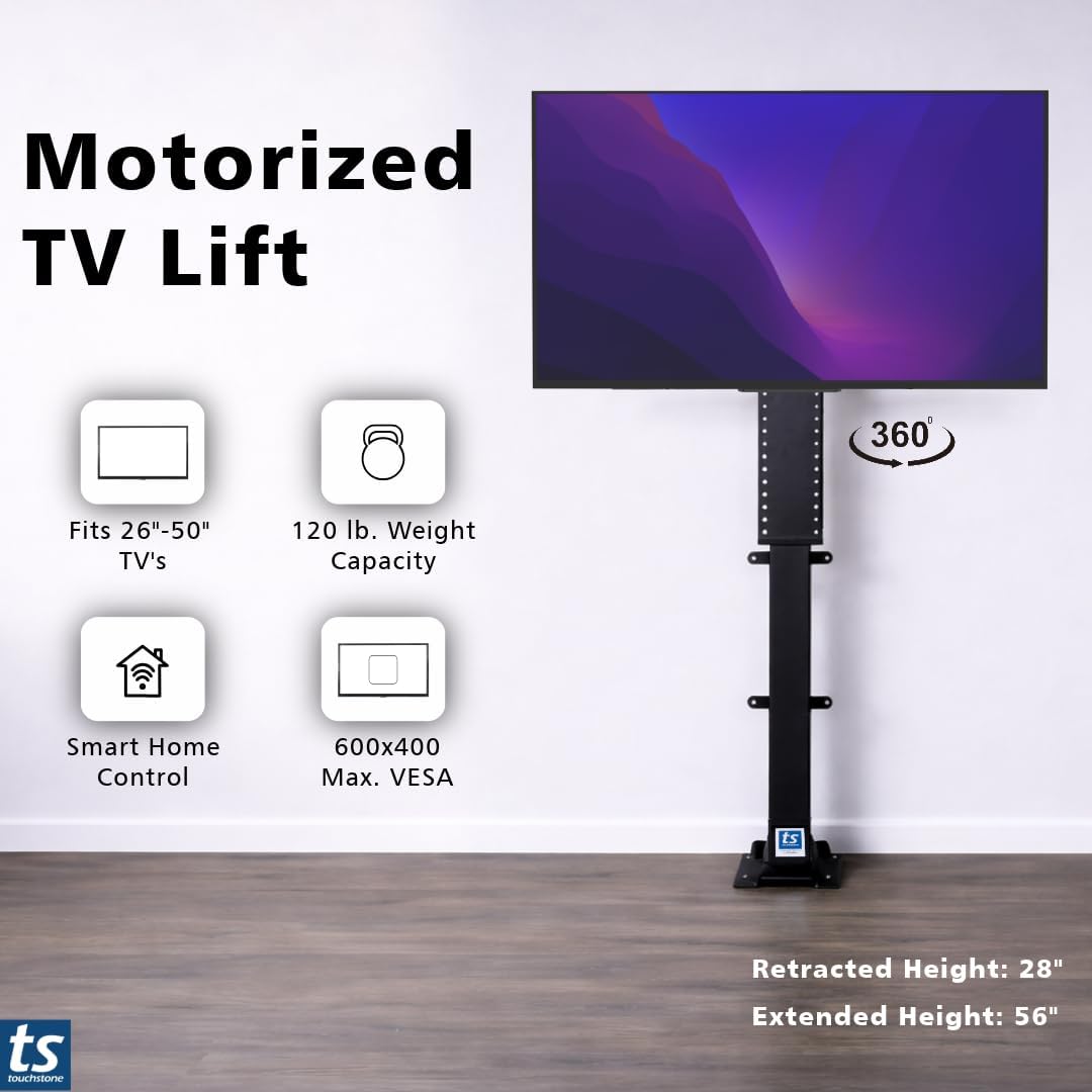 Touchstone Valueline 30003 Smart Motorized TV Lift for 26–50” TVs – Pop-Up Cabinet Mount, Alexa & Google Enabled, 5-Year Warranty, 28” Travel, 170 lb Capacity, RF & Wired Remotes