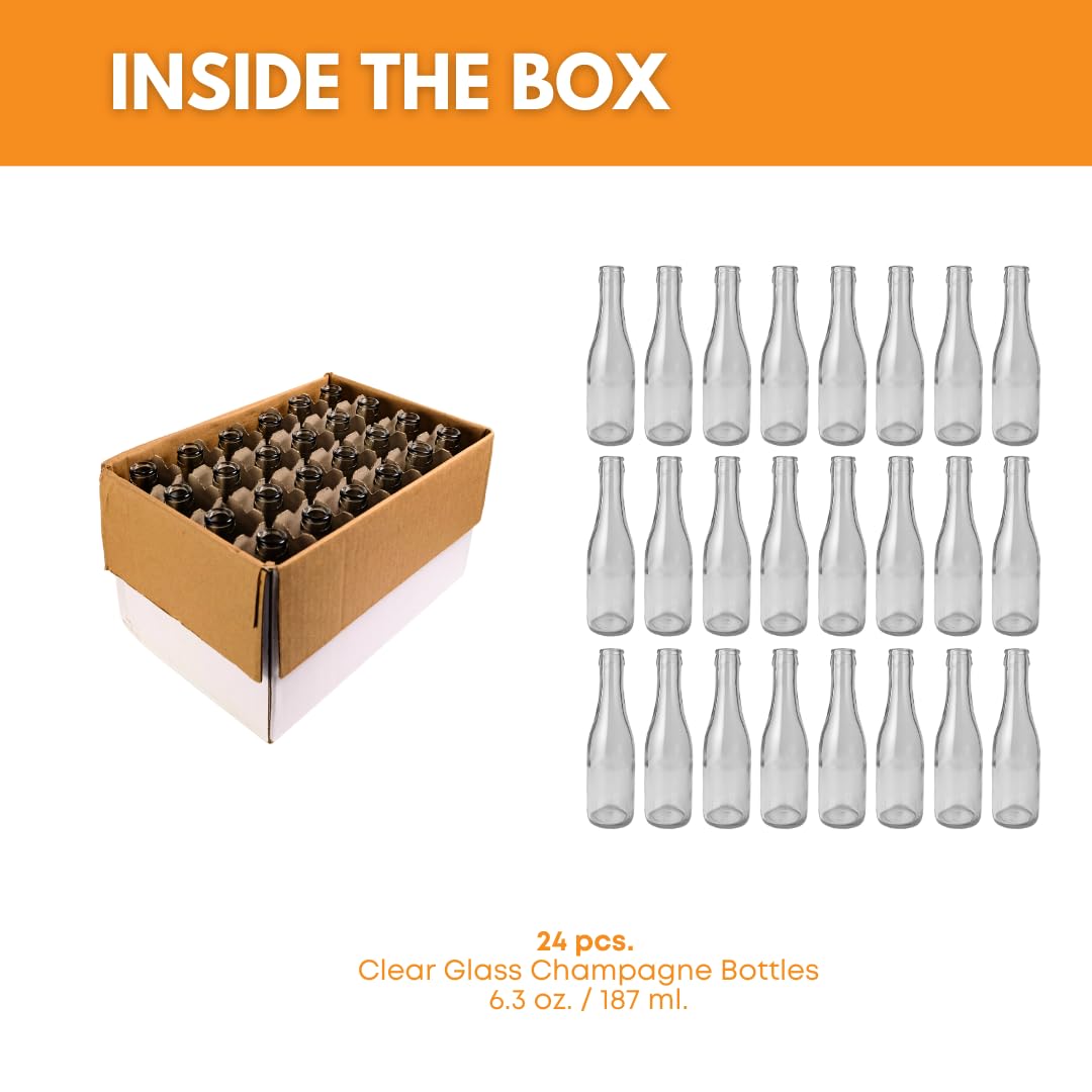 187 ml Clear Champagne Bottles, 24 per case | Empty Wine Bottles for homebrew, mead and Champagne | Fits #7 Corks