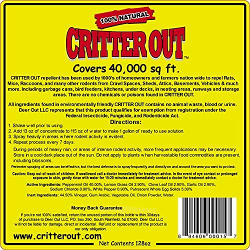 Mouse & Rat Repellent: Rodent Repellent: Critter Out 1 Gallon Ready to Use | Mouse & Rat repellent, Peppermint Oil Repellent, Get Rid of Rats, Prevent Nesting, Stops Chewing, Protect Engine Wiring