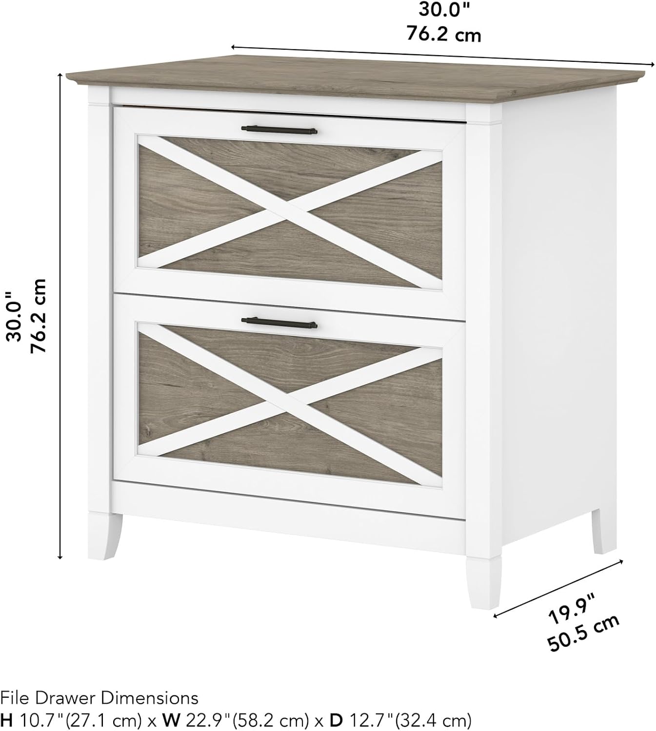 Bush Home Key West 2 Drawer Lateral File Cabinet in Washed Gray, Document Storage for Home Office, Accent Chest with Drawers