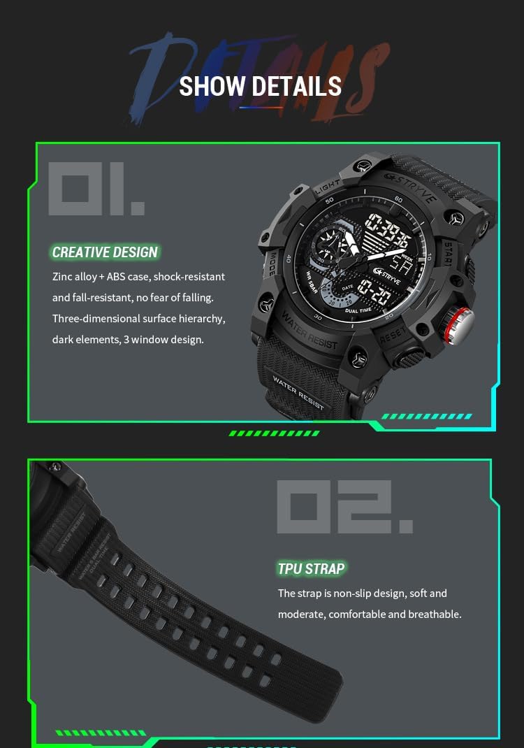 Gosasa Men's Large Face Outdoor Sports Watches Military S-Shock Watch Waterproof, Backlight, Alarm, Stopwatch Features - Rugged Wristwatch for Training, Hiking, and Adventure