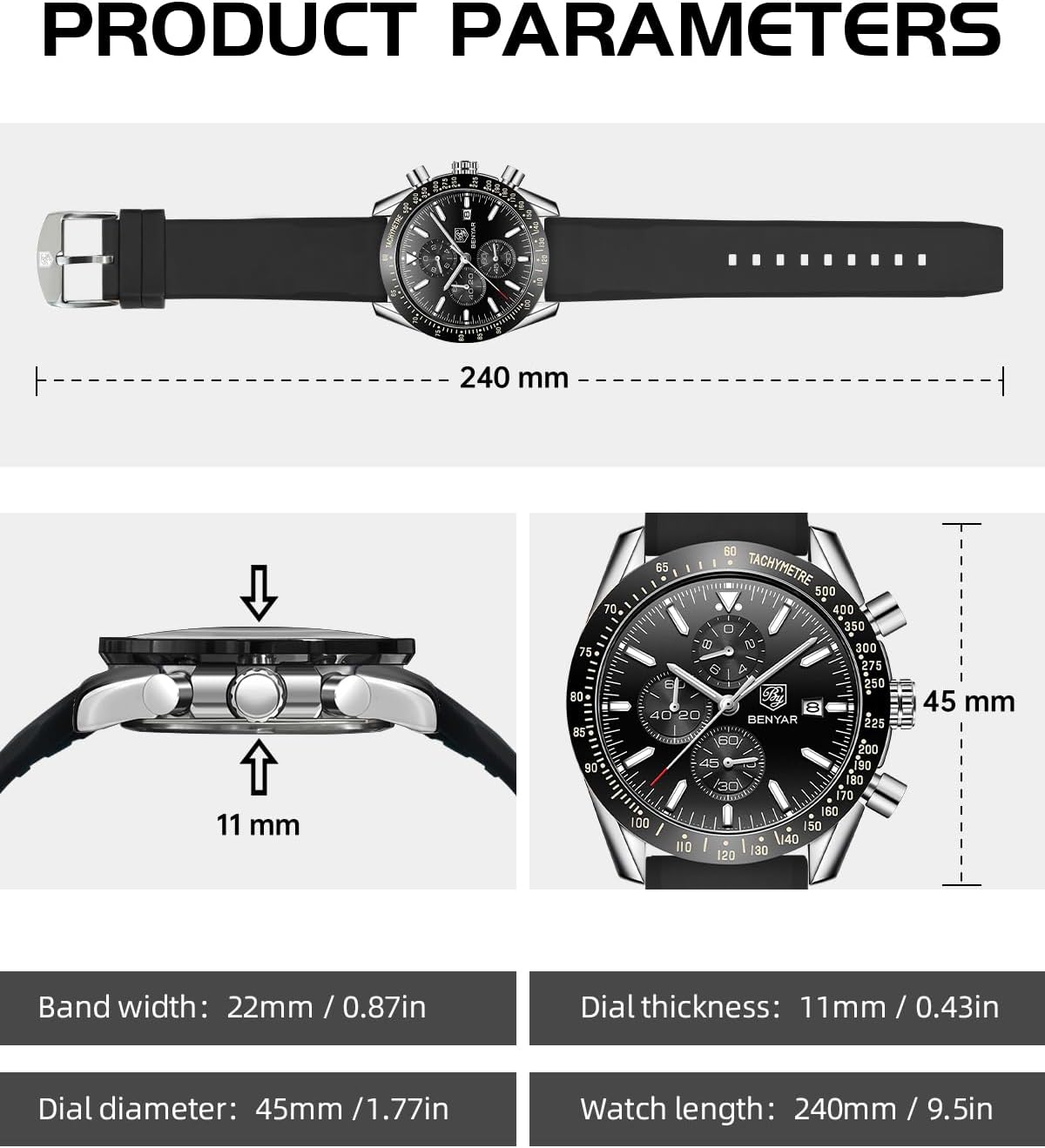 BENYAR Watch for Men Analog Quartz Chronograph Waterproof Luminous Designer Mens Wrist Watches Business Work Sport Casual Dress Watch with Silicone Strap Elegant Gifts for Men