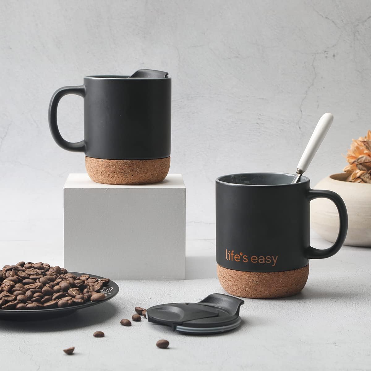 Life's Easy 12 oz Coffee Mug with Insulated Cork Bottom and Push-On Splash-Proof Lid - Black