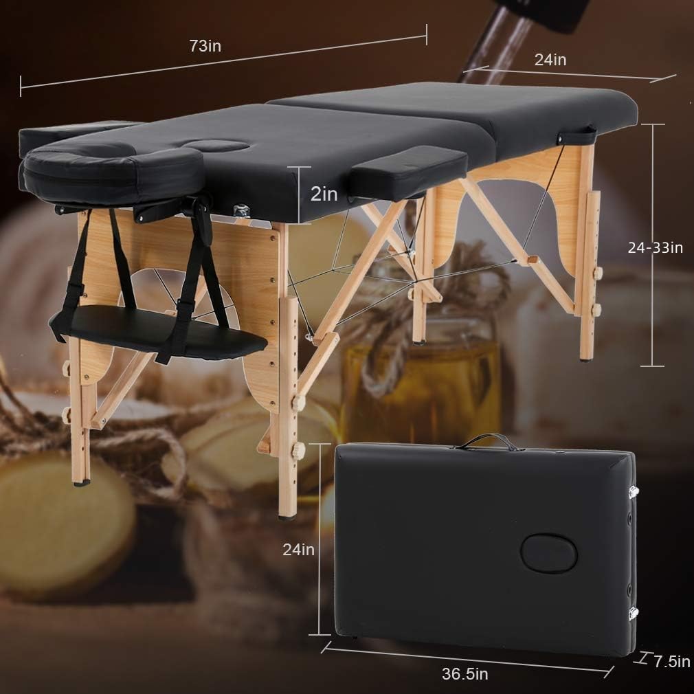 BestMassage | Portable Massage Table | 24" Wide, Black PU Leather | Lightweight, 2-Fold Massage Table with Height Adjustment, 450lbs Capacity, Carry Bag | For Massage, Facial, Tattoo, Home, Spa