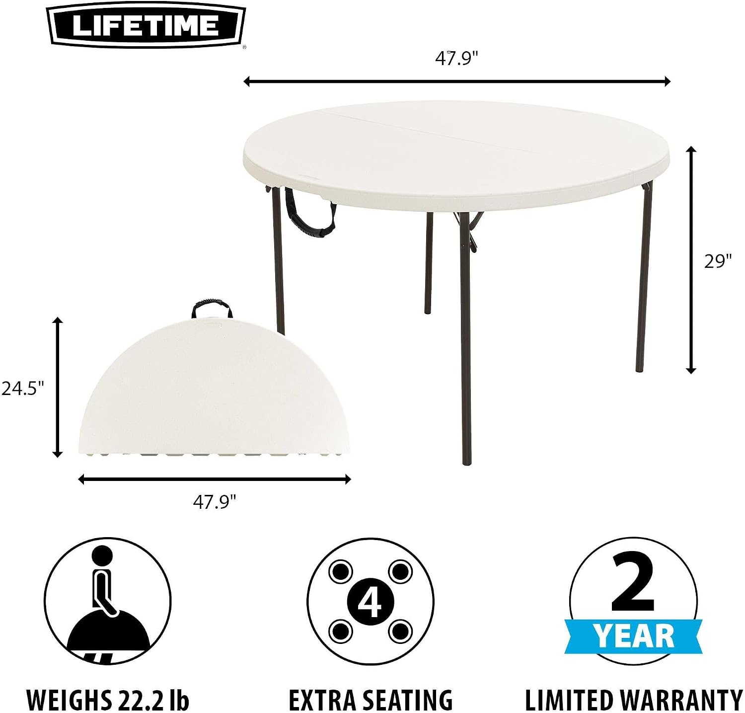 LIFETIME 80809 Round Fold in Half Table, Almond