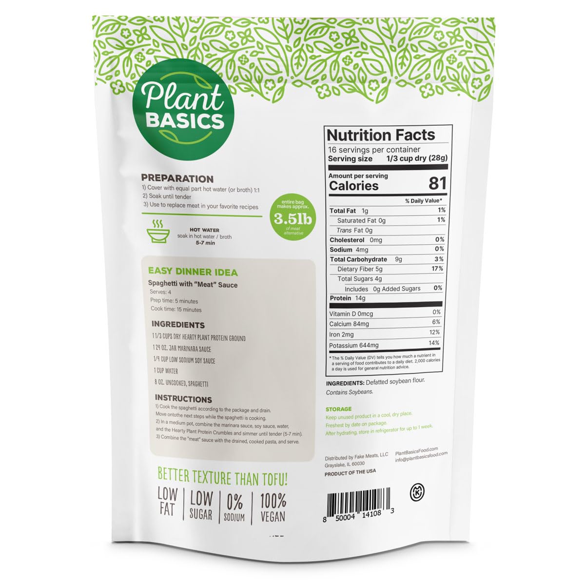 Plant Basics - Hearty Plant Protein - Unflavored Ground, 1 lb (Pack of 6), Non-GMO, Gluten Free, Low Fat, Low Sodium, Vegan, Meat Substitute