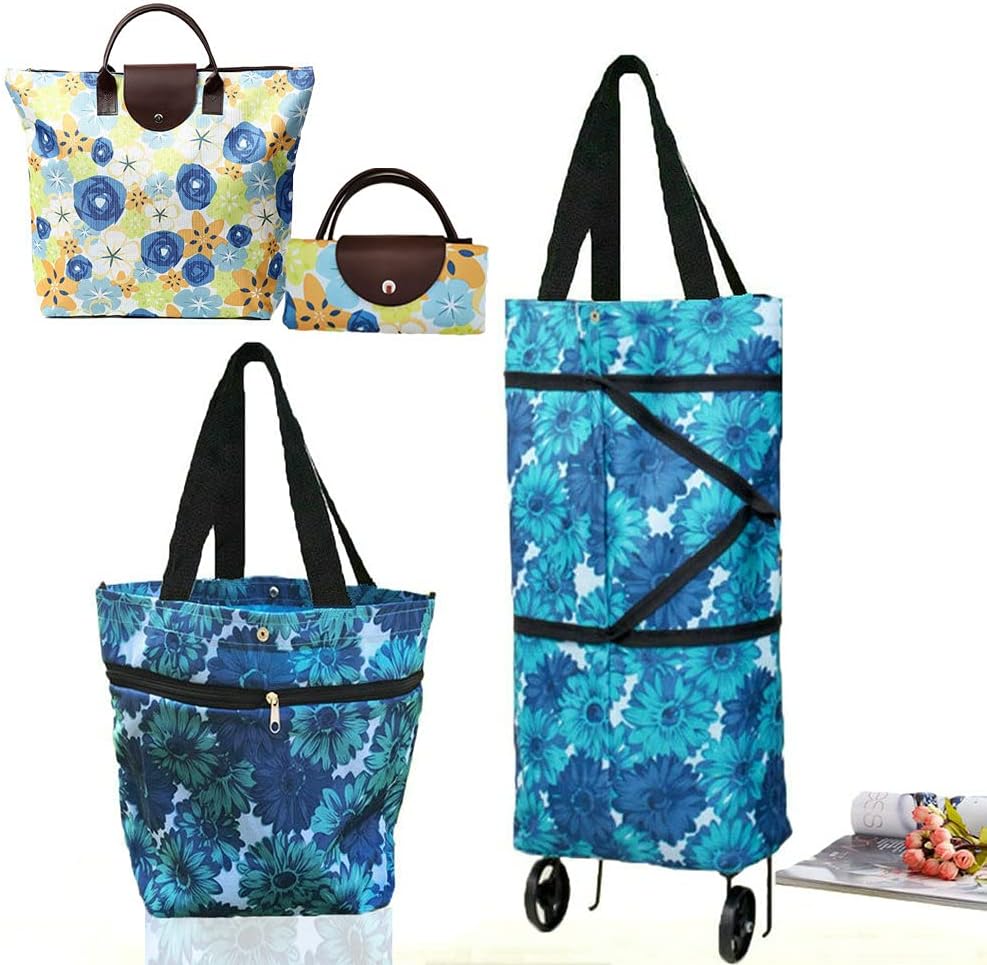 Collapsible Shopping Bag with Wheels Portable Shopping Cart with 360° Swivel Wheels Rolling Tote Bag Reusable Grocery Bag Trolley Bag on Wheels for Travel Shopping and Daily Use(Blue)