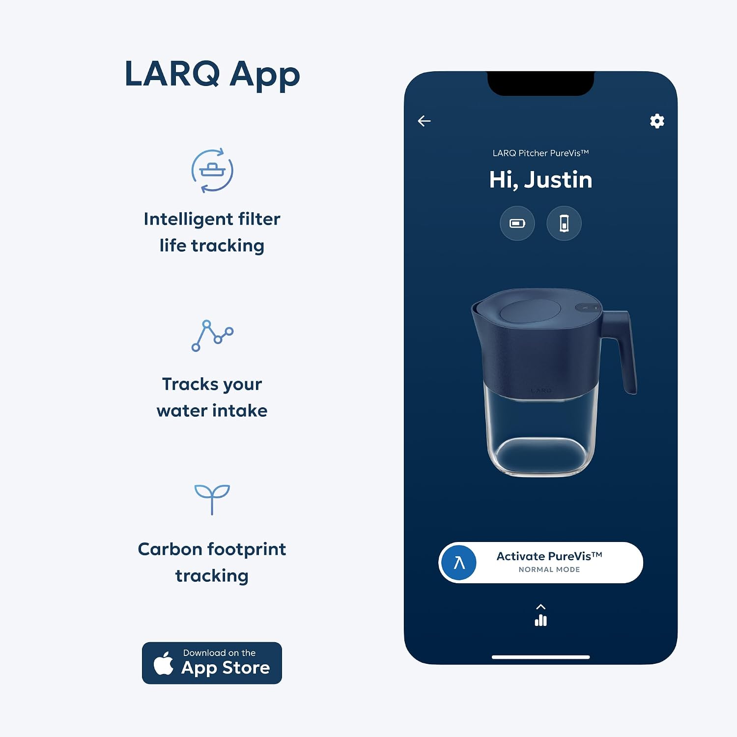 LARQ PureVis 3-in-1 Water Filter Pitcher, UV-C Purifier & App, 8 Cup,M.Blue | Water purifier pitcher & fridge water jug: removes lead & PFAS, keeps minerals, self-cleans UV-C, tracks filter life & intake