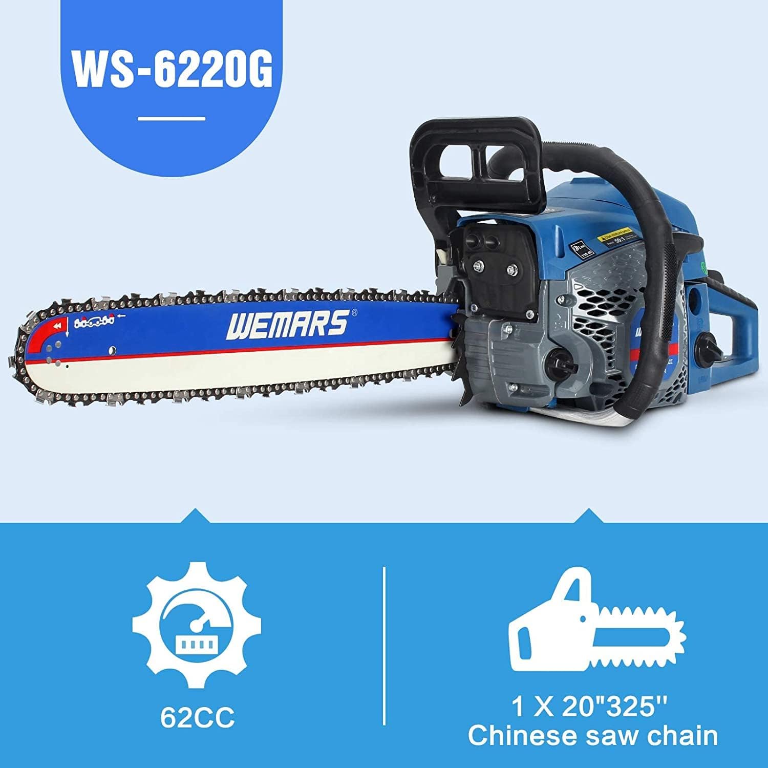 2-cycle 63CC Chainsaw Saw Gas Powered 20" Chain Saws Cordless Petrol Saw Handheld Chainsaw for Cutting Wood Trees Branches (63ACK)