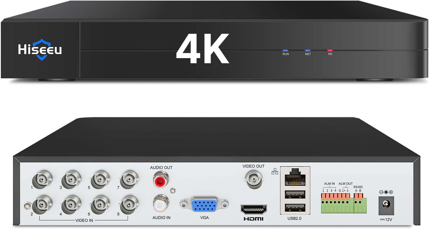 Hiseeu 4K 8 Channel DVR Security Digital Video Recorder | Advanced 8MP DVR with Person/Vehicle Detection for CCTV Camera,AHD/TVI/CVI/CVBS/IPC,No Monthly Fee,No Hard Drive