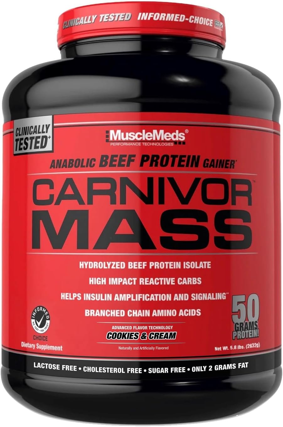 MuscleMeds CARNIVOR Mass Gainer Beef Protein Isolate Shake, 50 Grams Protein, 125 Grams Carbs, 0 Fat, 0 Sugar, Lactose Free, Halal Certified, Chocolate Peanut Butter, 6 Pound