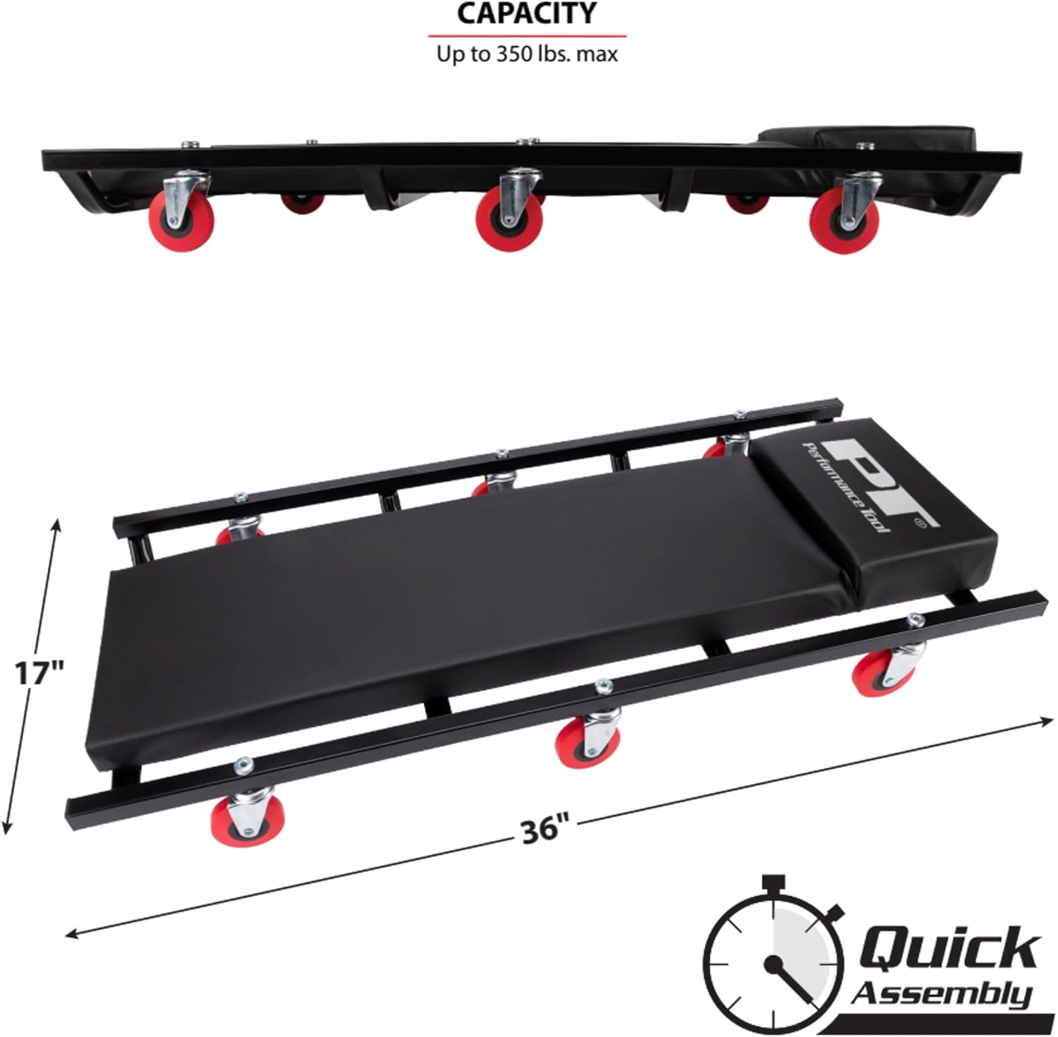 Performance Tool W85014 38 in. Low-Profile Automotive Mechanics Creeper | Oversized x-frame low profile creeper with 2-inch extra cushion padding. 5-inch jumbo swivel casters. 300 lb. capacity