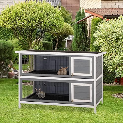 PawHut 54" 2-Story Large Rabbit Hutch Bunny Cage Wooden Pet House Small Animal Habitat with Lockable Doors, No Leak Tray and waterproof Roof for Outdoor/Indoor Orange | Wooden Pet House, Small Animal Habitat, No Leak Tray, Waterproof Roof, for Chickens D…