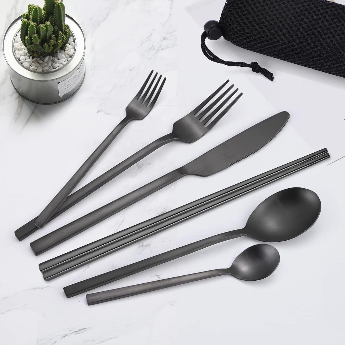 AARAINBOW 6 Pieces 18/8 Stainless Steel Flatware Set Portable Reusable Cutlery Set Travel Utensils Set Including Chopsticks Knife Fork Spoon Straws