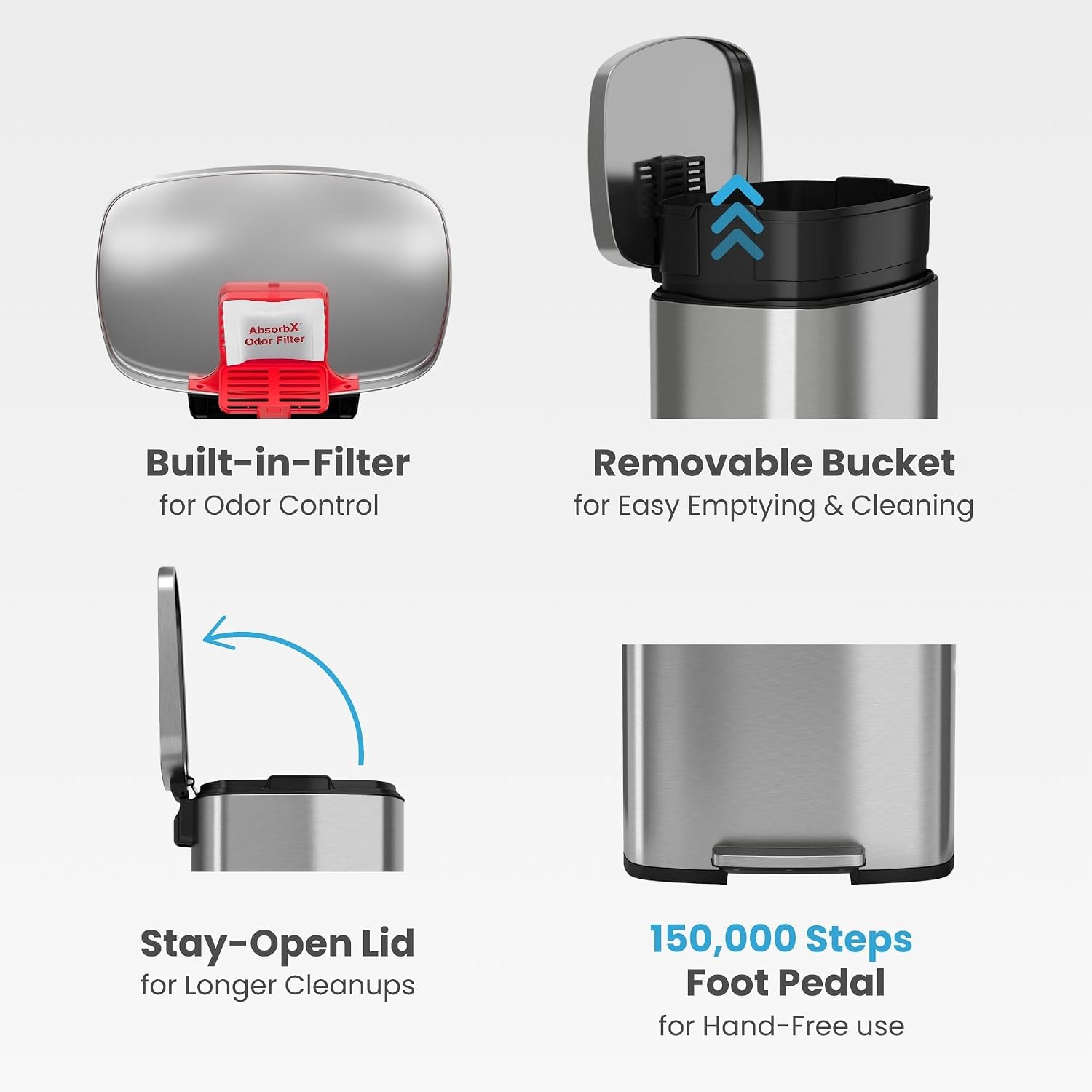 iTouchless Glide 13 Gallon Sensor Garbage Can with Wheels and Odor Control System, Stainless Steel, Automatic Kitchen Bin and Office Trash Bin (Powered by Battery or Optional AC Adapter)