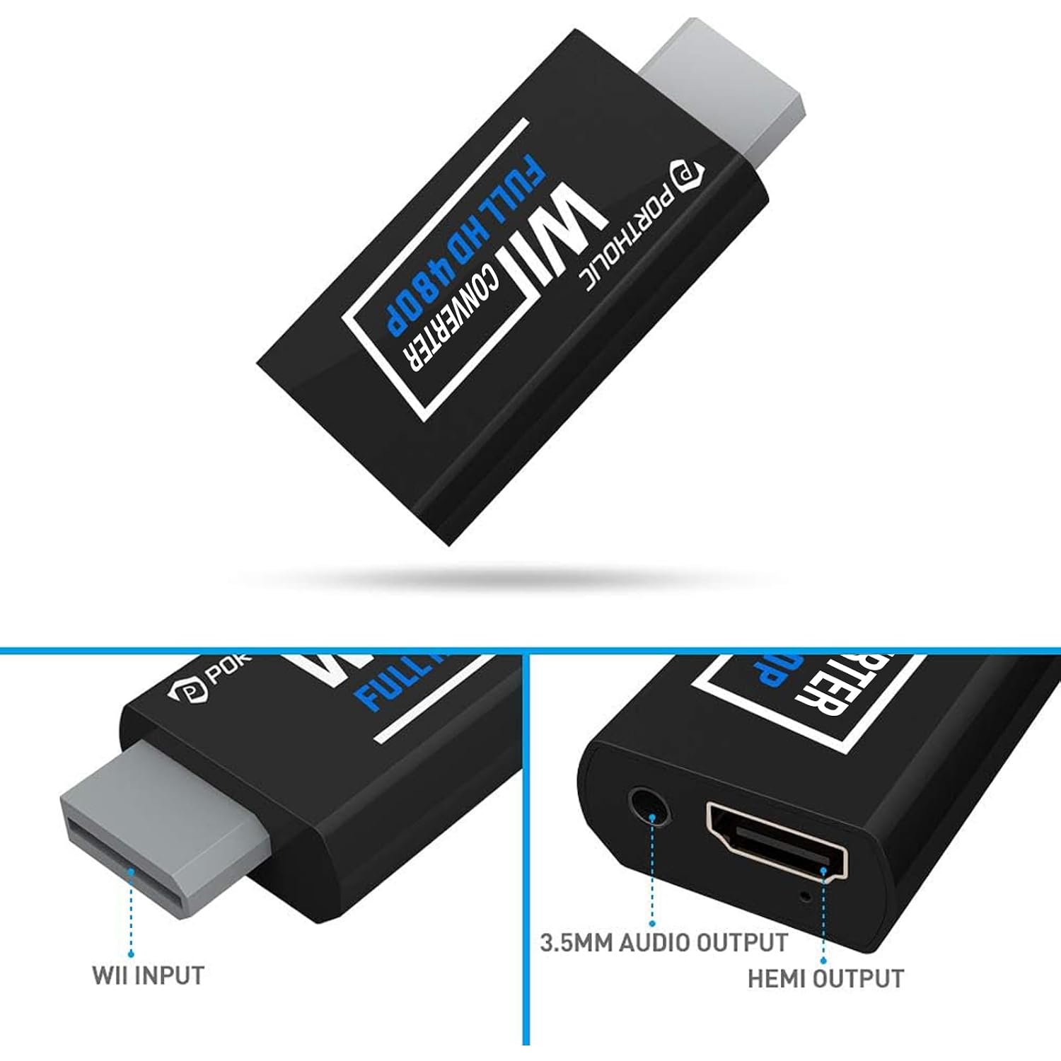 PORTHOLIC Wii to HDMI Converter 1080P for Full HD Device, Wii HDMI Adapter with 3,5mm Audio Jack&HDMI Output Compatible with Wii, Wii U, HDTV, Monitor-Supports All Wii Display Modes 720P, NTS