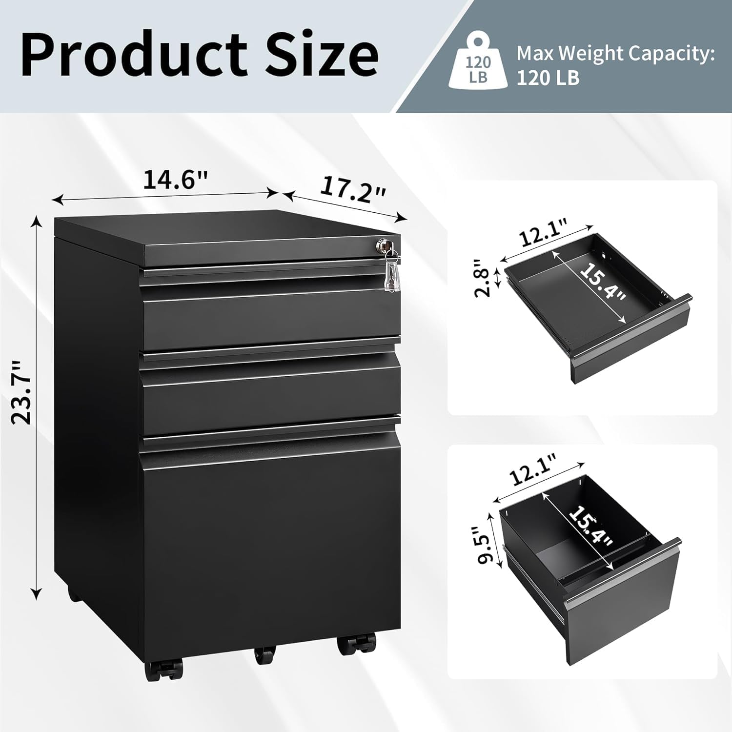Guizeeopo 3 Drawer File Cabinet with Lock, File Cabinets for Home Office,Under Desk Cabinet, Locking File Cabinet for A4/Letter/Legal, Fully Assembled Expect Casters, Matte White