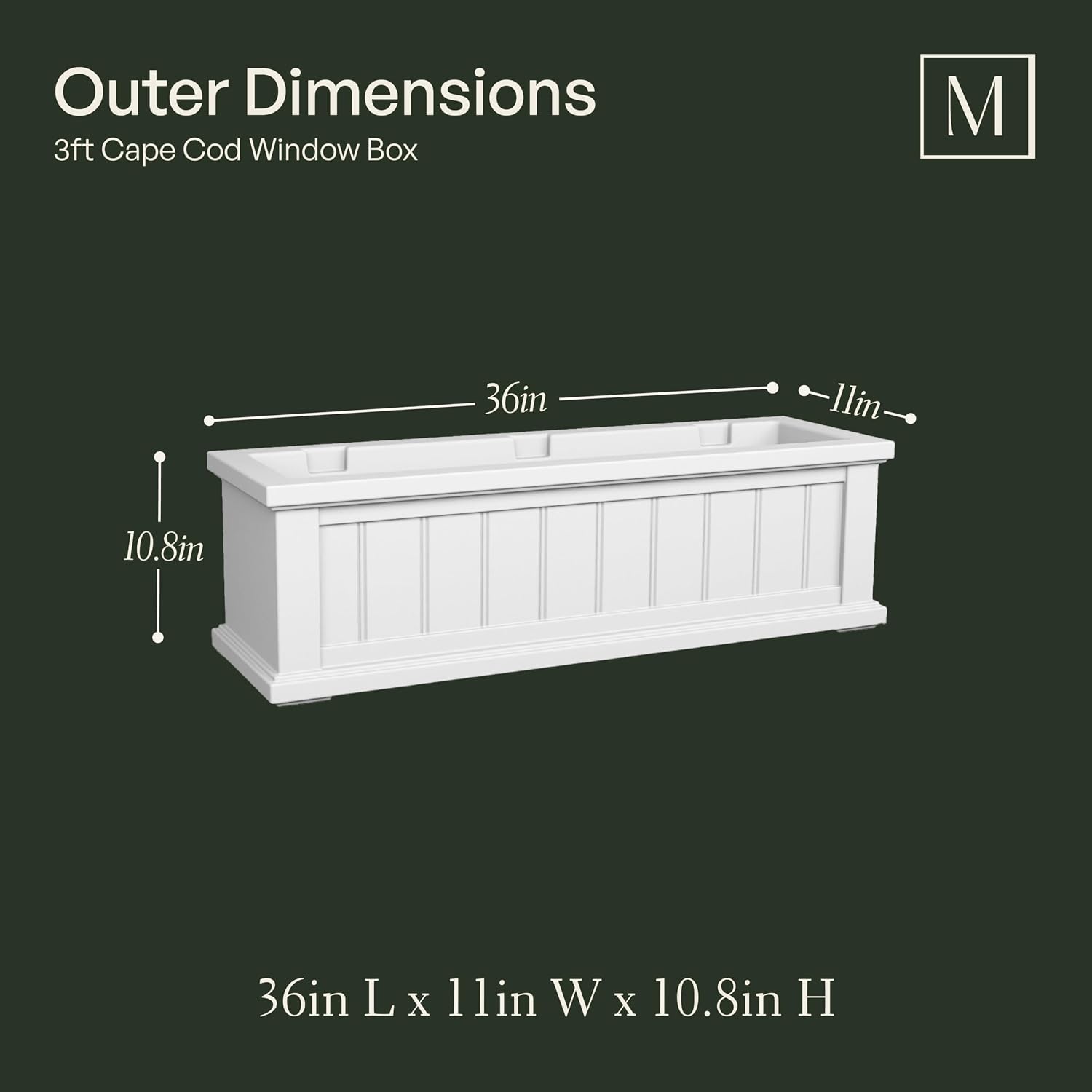 Mayne Cape Cod 3ft Window Box - White - 36in L x 11in W x 10.8in H - with 6.5 Gallon Built-in Water Reservoir (4840-W)