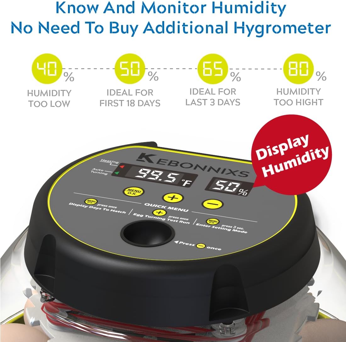 KEBONNIXS 12 Egg Incubator with Humidity Display, Egg Candler, Automatic Egg Turner, for Hatching Chickens