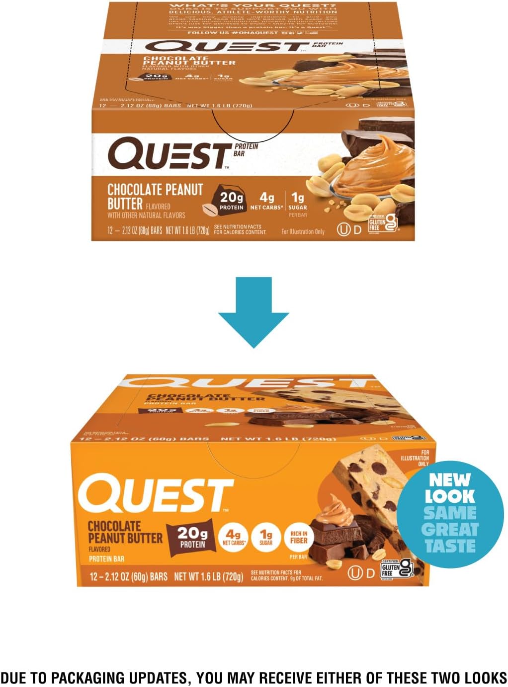 Quest Nutrition Oatmeal Chocolate Chip Protein Bars, 20g Protein, 12 Count | 12g Fiber, 5g Net Carbs, 1g Sugar, Gluten Free, High Quality Protein, Soft and Chewy, Individually Wrapped 2.12oz Bars