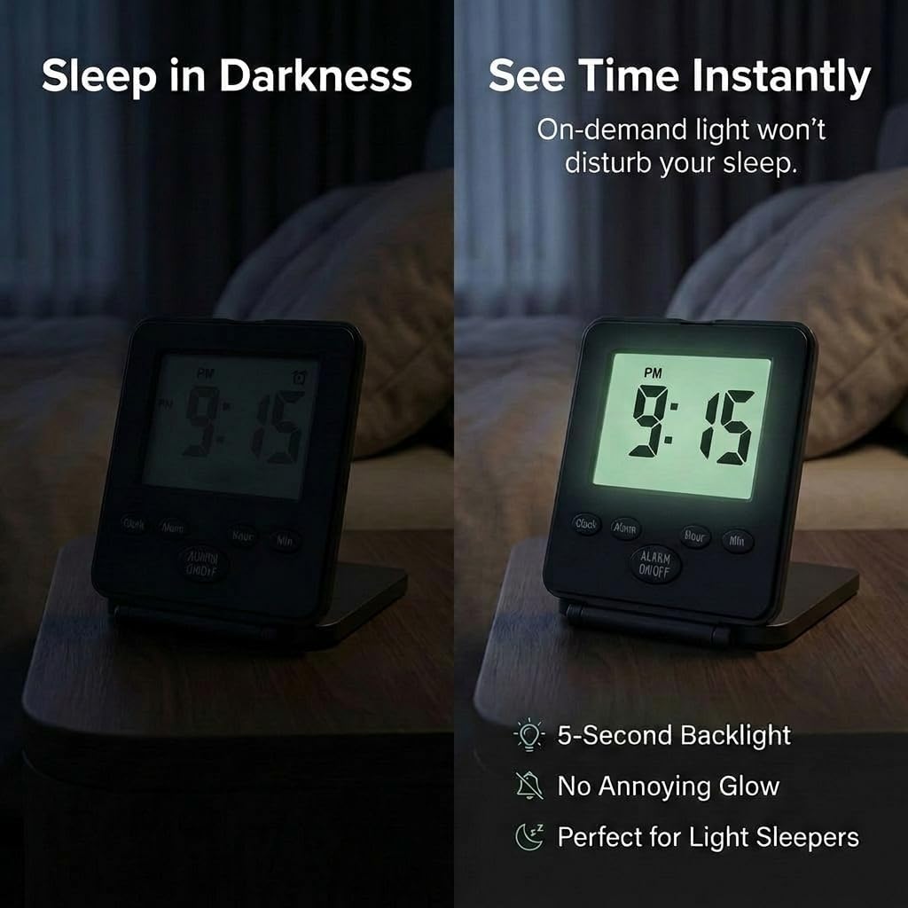 Digital Travel Alarm Clock - No Bells, No Whistles, Simple Basic Operation, Loud Alarm, Snooze, Small and Light, ON/Off Switch, 2 AAA Battery Powered