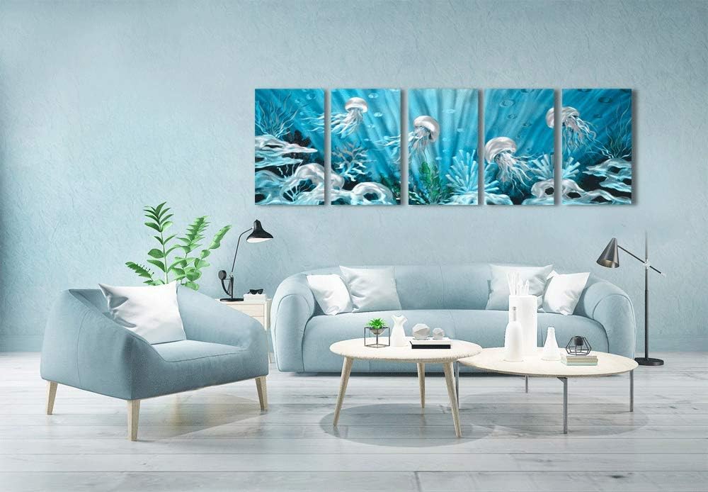 Yihui Arts Handcrafted 3D Metal Wall Art - Ocean Wave Sculpture, 5 - Panel Aluminum Decor for Living Room, Bedroom & Office
