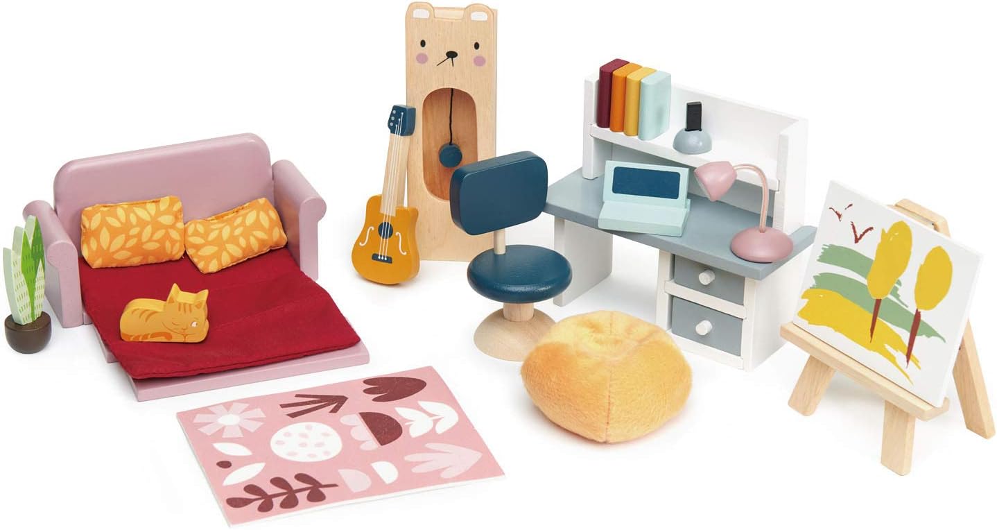 Tender Leaf Toys - Dolls House Study Furniture 1:12 Scale 23 Pcs Furnished Room Dollhouse Accessories Miniature Pretend Play Age 3+
