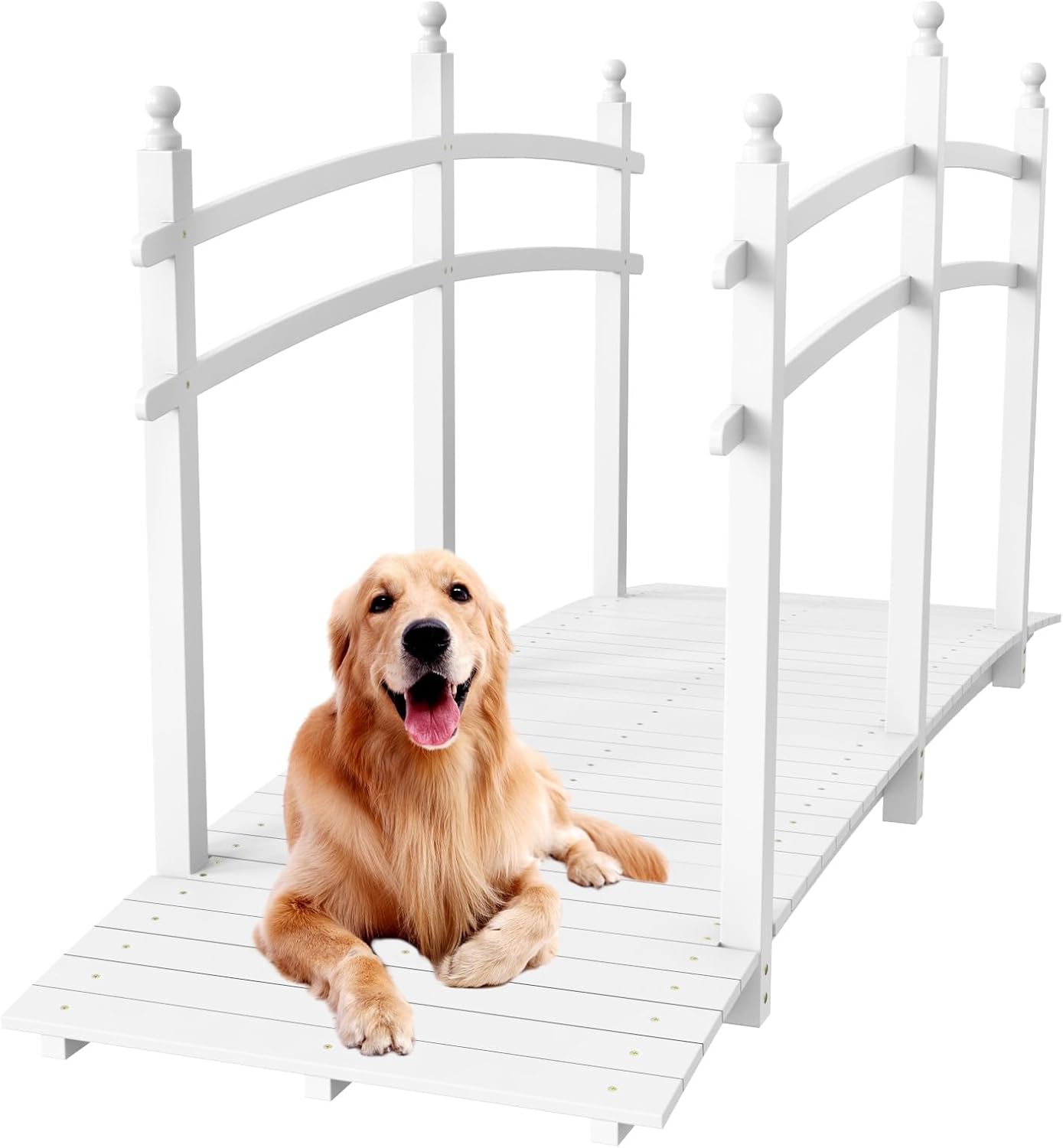 VINGLI 5 ft Garden Bridge, Classic Wooden Arch with Safety Rails Stained Finished Footbridge, Decorative Pond Landscaping, Backyard, Creek or Farm