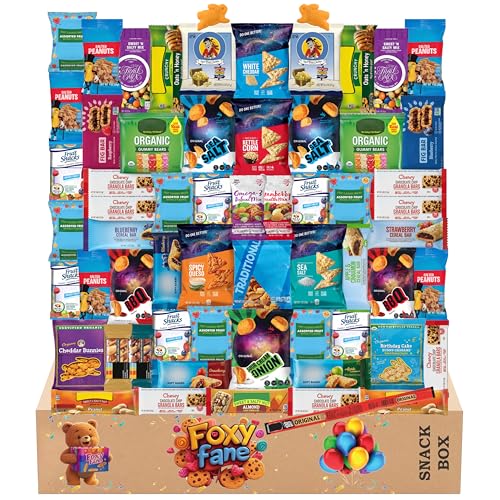 Foxy Fane 60-Count Healthy Snack Box Care Package, Variety Pack of 60 Individually Wrapped Sweet and Savory Snacks, Assorted Gift Basket for Office