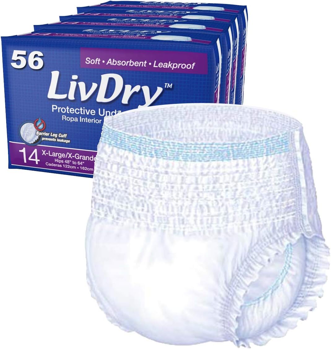 LivDry Adult Incontinence Underwear, Extra Absorbency Adult Diapers, Leak Protection, Large, 72-Pack