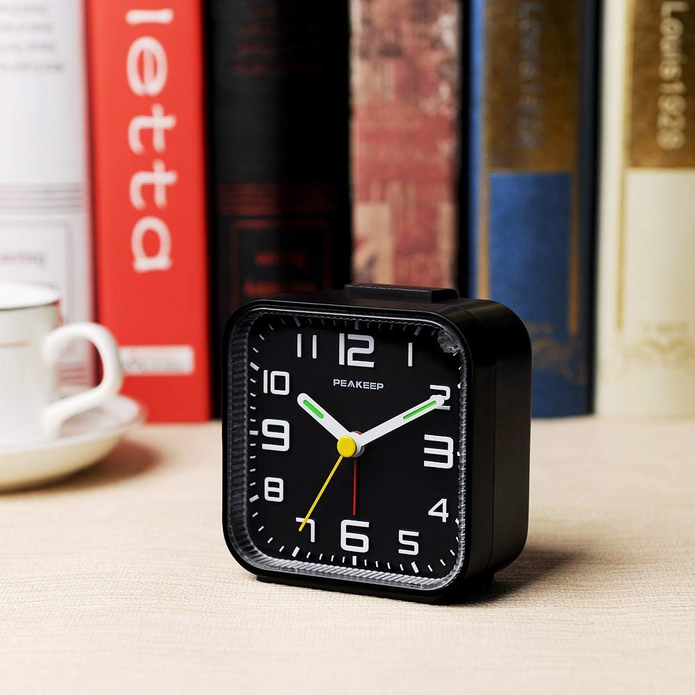 Peakeep Small Battery Operated Analog Travel Alarm Clock Silent | No Ticking, Lighted on Demand and Snooze, Beep Sounds, Gentle Wake, Ascending Alarm, Easy Set (Black)