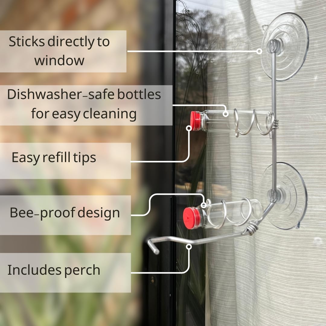 Window Hummingbird Feeder | Handcrafted Copper and Aluminum | Multiple Stations | Modern Hummingbird Feeder | Glass Bottles | Suction Cups (Copper, Four Station)