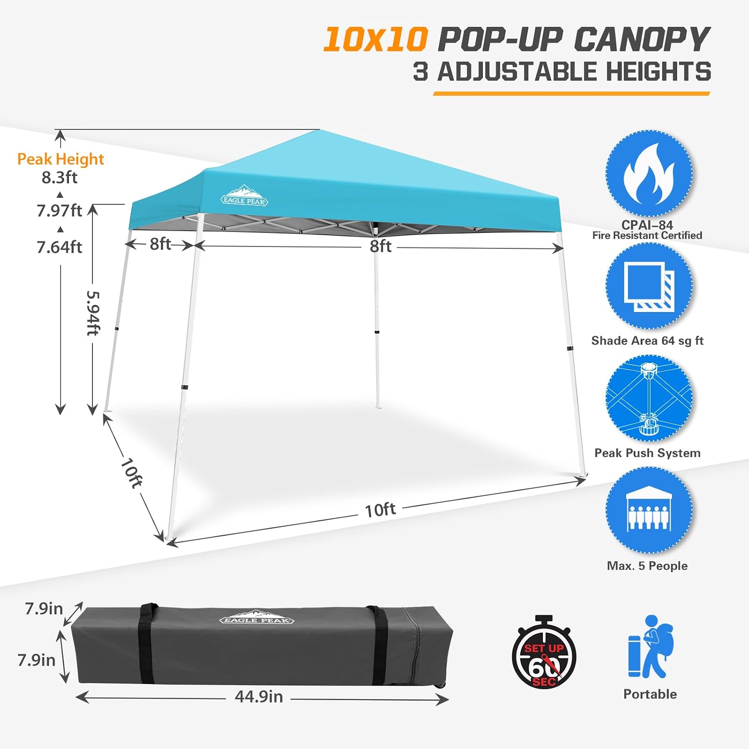 EAGLE PEAK 10x10 Slant Leg Pop Up Canopy Tent, Blue