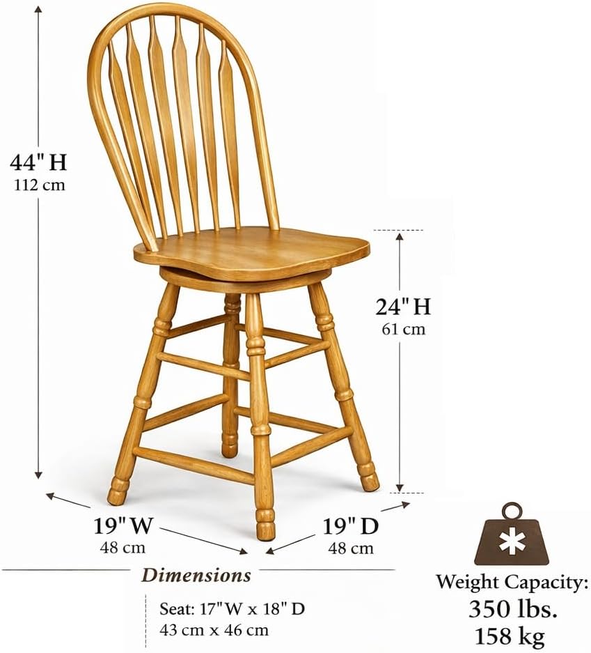 Sunset Trading Selections 24" Counter Height Swivel Barstool | Farmhouse Country Cottage Windsor Arrowback Café Stool | Light Oak Solid Wood