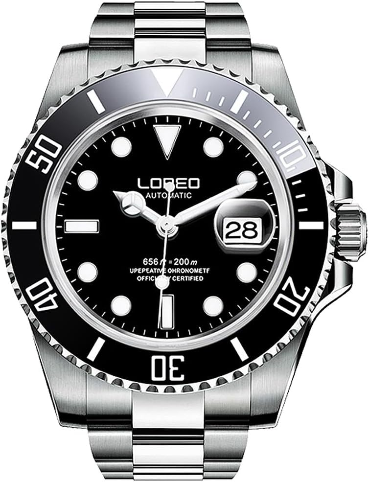 LOREO Men's Automatic Watch Sapphire Crystals 200M Waterproof | Rotating Bezel Luminous Markers and Hands Date 316L Stainless Steel Case and Bracelet Waterproof Watch