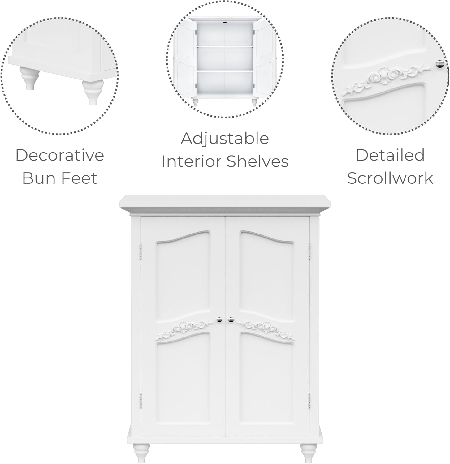 Teamson Home Versailles Wooden Freestanding Floor Storage Cabinet with 2 Adjustable Interior Shelves 3 Storage Spaces and 2 Floral Scroll Doors, White
