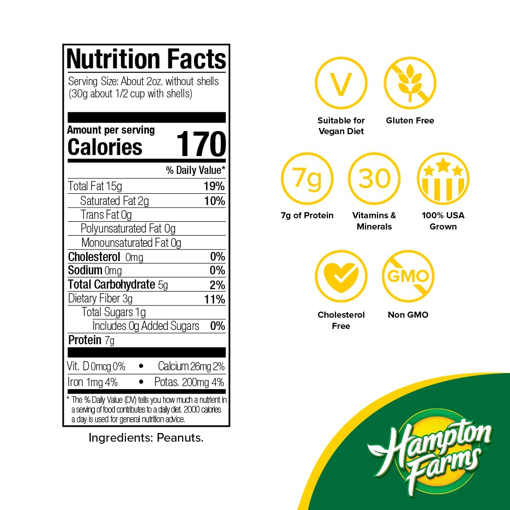 Hampton Farms - USA Grown All-Natural - Fancy Roasted In-Shell Unsalted Peanuts - 5 lb. Bag