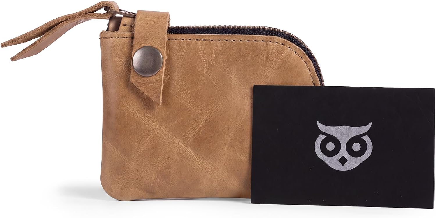 Hide & Drink, Leather Zippered Wallet, Holds Up to 6 Cards Plus Folded Bills, Pouch Organizer, Cash Holder, Travel Essentials, Mini, Pocket-Size, Handmade (Bourbon Brown)