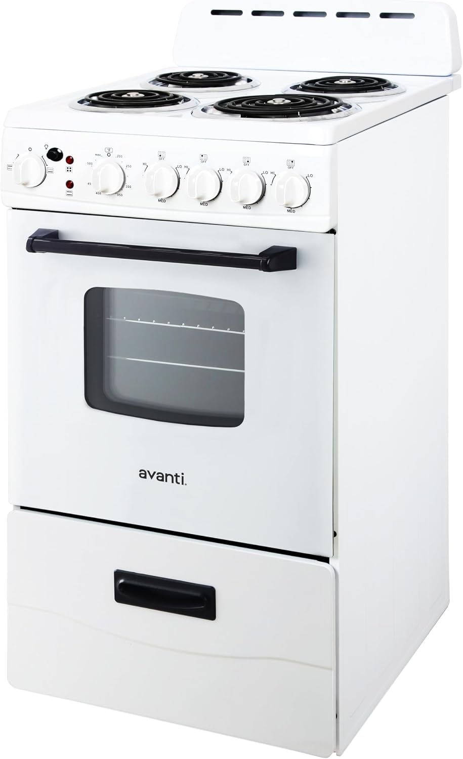 Avanti Electric Range Oven Compact Design, 2.1-Cu.Ft. Capacity with 4 Coil Burners, Framed Glass Oven Door, Storage Drawer and Broiler with Pan, 20-Inch, White
