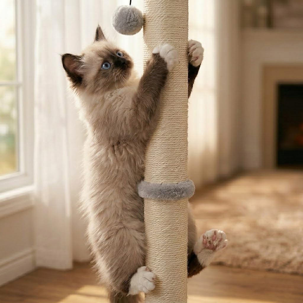 Dimaka 29" Height Tall Cat Scratching Post, Claw Scratcher with Sisal Rope and Covered with Soft Smooth Plush, Vertical Scratch [Full Strectch] for Standard Size Cats(Grey, 29 inches for All Cats)