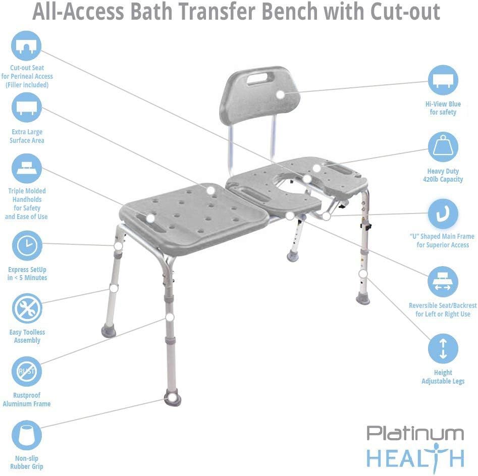 Tub Transfer Bench for Bathtub, All-Access Bath Bench with Cutout Seat | Slide Safely In & Out of the Tub - Blue, adjustable height, aluminum frame, cutout seat, extra-wide seat, cutout U-shape