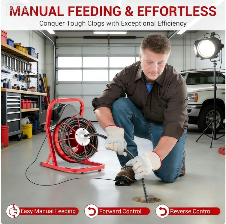 100Ft 3/4 Inch Drain Cleaning Machine. Sewer Snake 750w Auto Feed | Portable Drain Cleaning Machine Electric Drain Auger Sewer Auger with 6 Cutter Air-Activated Foot Switch for 4" to 8" Pipes
