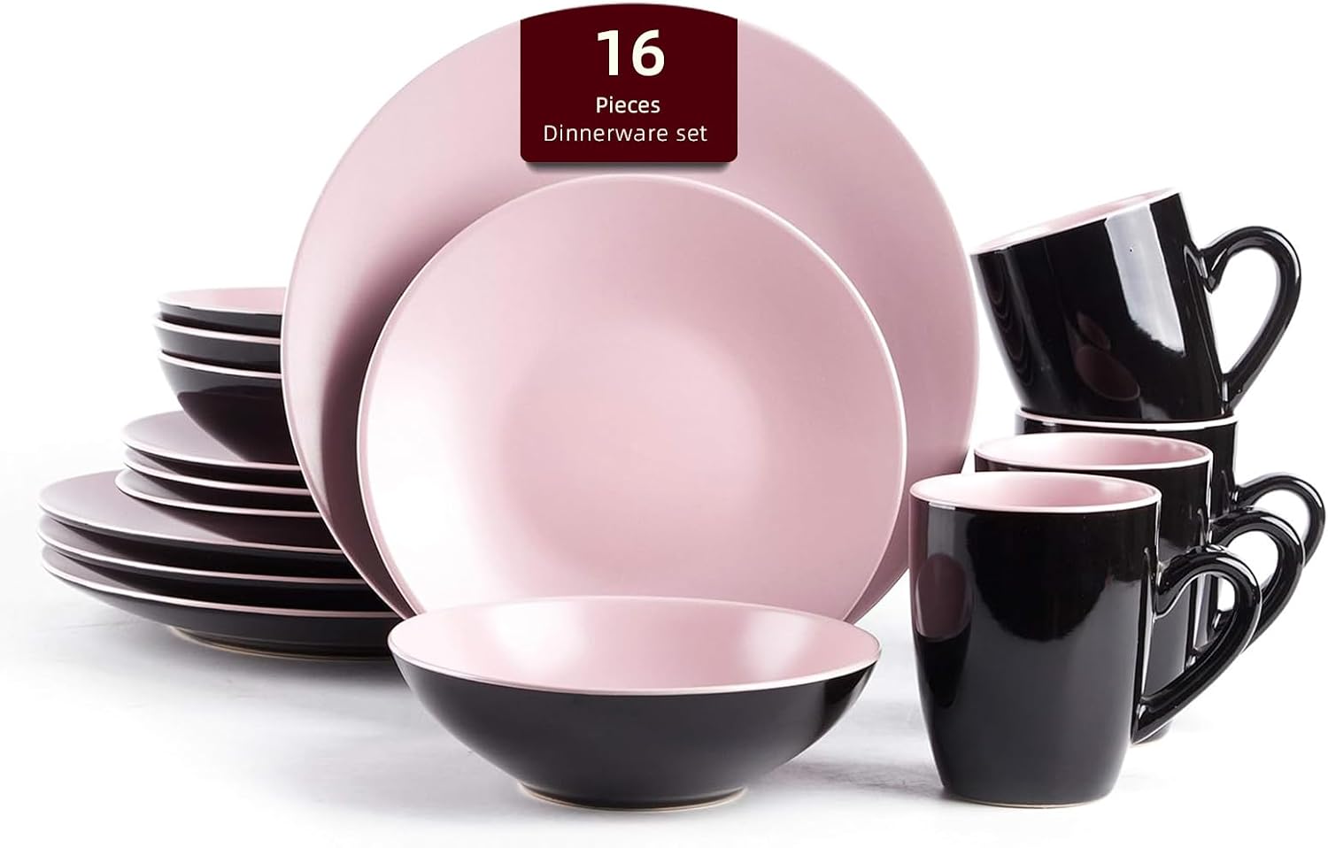 Stoneware Two-Tone Colors Life 16pc Dinner Set，Outside Shiny Black + Inside Matte Glaze Olive